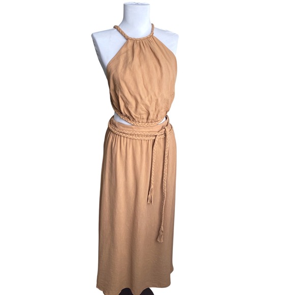 NEW‎ ALICE + OLIVIA Faith Braided Cut Out Open Back Midi Dress Size 6 Tan Linen - Picture 6 of 12